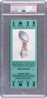 Tom Bradys First Super Bowl Win & MVP! - A 2002 Super Bowl XXXVI Green Full Ticket From 2/3/2002 (PSA GEM MT 10)